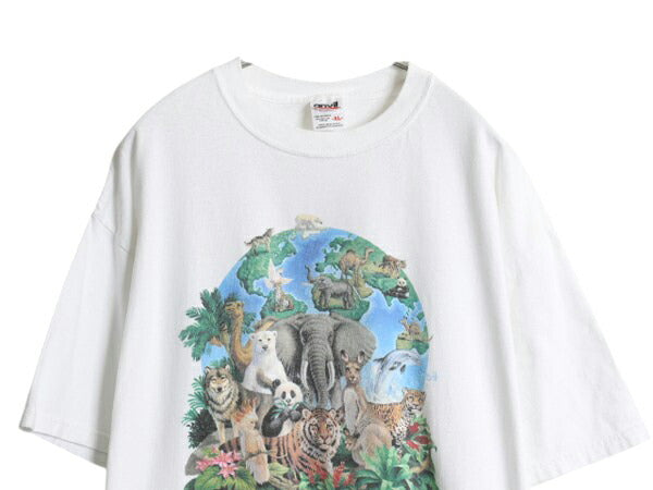 00s アニマル アート プリント Tシャツ メンズ XL 古着 オールド メッセージ イラスト グラフィック ヘビーウェイト ホワイト 大きいサイズ