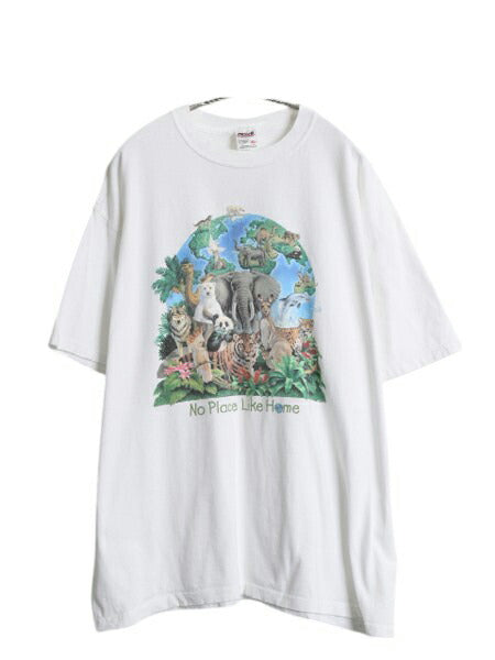 00s アニマル アート プリント Tシャツ メンズ XL 古着 オールド メッセージ イラスト グラフィック ヘビーウェイト ホワイト 大きいサイズ