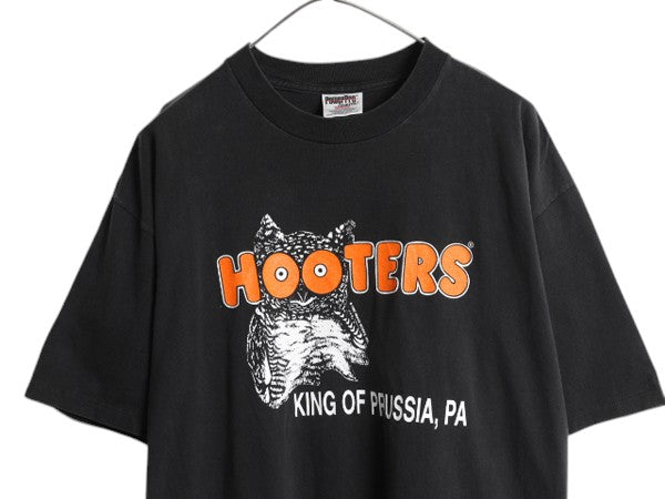 90s HOOTERS 両面 プリント 半袖 Tシャツ メンズ XL オールド 企業 当時物 キャラクター イラスト シングルステッチ ブラック 大きいサイズ