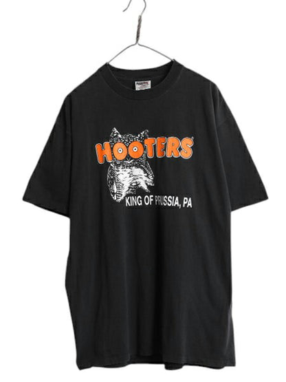 90s HOOTERS 両面 プリント 半袖 Tシャツ メンズ XL オールド 企業 当時物 キャラクター イラスト シングルステッチ ブラック 大きいサイズ