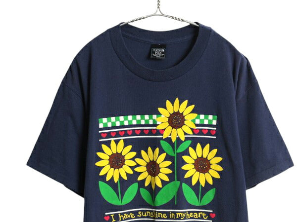 90s USA製 ひまわり アート プリント Tシャツ メンズ レディース L / 古着 オールド フラワー 花 グラフィック シングルステッチ ゆったり