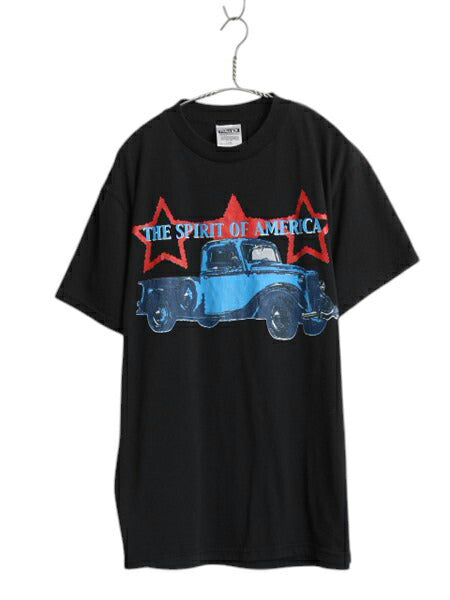 00s アメ車 アート イラスト プリント Tシャツ メンズ L オールド 旧車 自動車 グラフィック ピックアップ トラック カットソー  ブラック