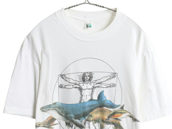 90s レオナルド ダヴィンチ アニマル アート プリント Tシャツ メンズ L / 古着 オールド 偉人 クジラ イルカ メッセージ グラフィック 白