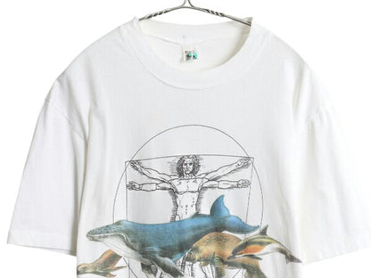 90s レオナルド ダヴィンチ アニマル アート プリント Tシャツ メンズ L / 古着 オールド 偉人 クジラ イルカ メッセージ グラフィック 白