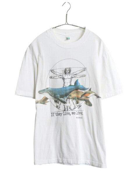 90s レオナルド ダヴィンチ アニマル アート プリント Tシャツ メンズ L / 古着 オールド 偉人 クジラ イルカ メッセージ グラフィック 白