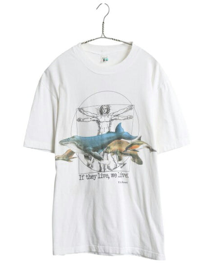 90s レオナルド ダヴィンチ アニマル アート プリント Tシャツ メンズ L / 古着 オールド 偉人 クジラ イルカ メッセージ グラフィック 白