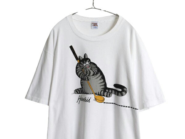90s USA製 クリバンキャット イラスト 両面 プリント Tシャツ メンズ レディース L 古着 ネコ アニマル キャラクター シングルステッチ 白