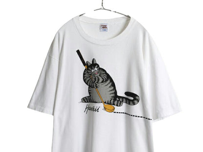 90s USA製 クリバンキャット イラスト 両面 プリント Tシャツ メンズ レディース L 古着 ネコ アニマル キャラクター シングルステッチ 白