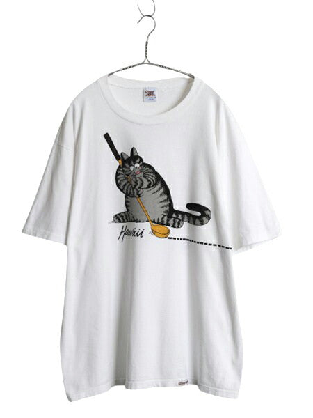 90s USA製 クリバンキャット イラスト 両面 プリント Tシャツ メンズ レディース L 古着 ネコ アニマル キャラクター シングルステッチ 白
