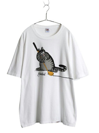 90s USA製 クリバンキャット イラスト 両面 プリント Tシャツ メンズ レディース L 古着 ネコ アニマル キャラクター シングルステッチ 白