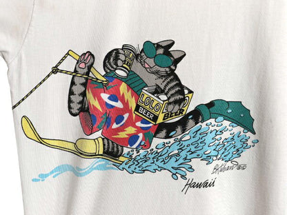 90s USA製 クリバンキャット イラスト 両面 プリント Tシャツ メンズ レディース L 古着 アニマル ネコ シングルステッチ キャラクター 白
