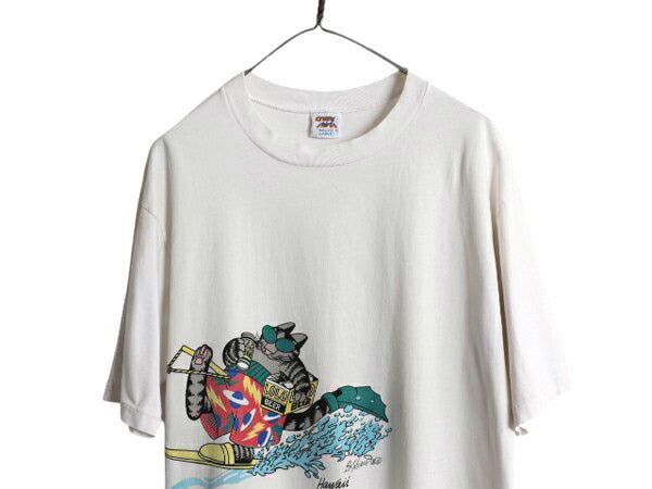 90s USA製 クリバンキャット イラスト 両面 プリント Tシャツ メンズ レディース L 古着 アニマル ネコ シングルステッチ キャラクター 白