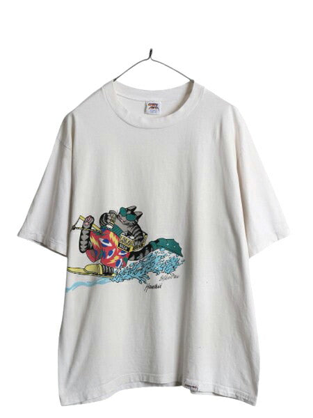 90s USA製 クリバンキャット イラスト 両面 プリント Tシャツ メンズ レディース L 古着 アニマル ネコ シングルステッチ キャラクター 白