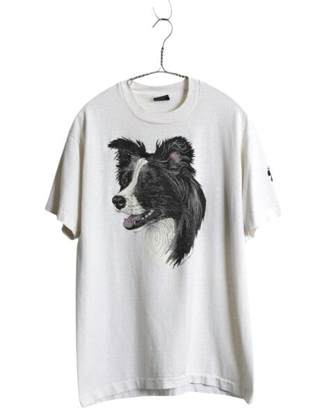 90s USA製 ドッグ アート イラスト プリント Tシャツ メンズ L 古着 オールド アニマル 犬 キャラクター グラフィック カットソー ホワイト