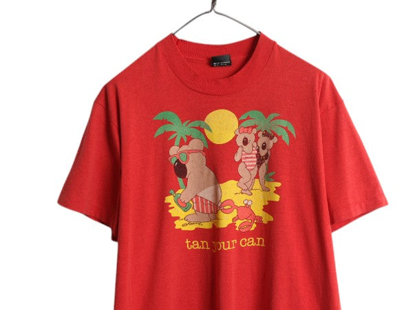 80s USA製 アニマル ジョーク イラスト プリント Tシャツ メンズ L 小さめ M 程 ヴィンテージ キャラクター グラフィック シングルステッチ