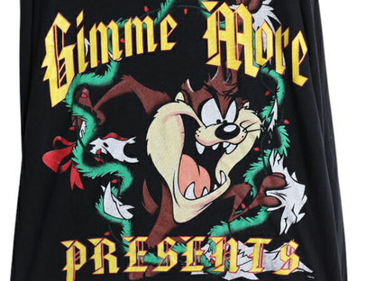 90s ワーナー タズマニアンデビル プリント 長袖 Tシャツ メンズ S 程 古着 オールド ロンT モックネック キャラクター イラスト ブラック