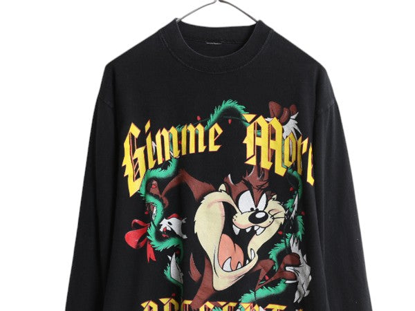 90s ワーナー タズマニアンデビル プリント 長袖 Tシャツ メンズ S 程 古着 オールド ロンT モックネック キャラクター イラスト ブラック