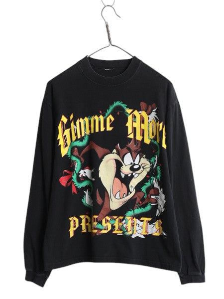 90s ワーナー タズマニアンデビル プリント 長袖 Tシャツ メンズ S 程 古着 オールド ロンT モックネック キャラクター イラスト ブラック