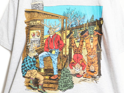90s ジョーク アート イラスト プリント Tシャツ メンズ XL 古着 90年代 オールド ハンティング シカ アニマル アウトドア 大きいサイズ 灰