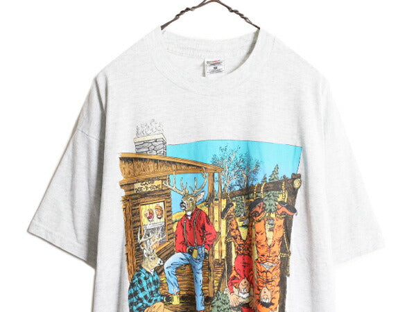 90s ジョーク アート イラスト プリント Tシャツ メンズ XL 古着 90年代 オールド ハンティング シカ アニマル アウトドア 大きいサイズ 灰