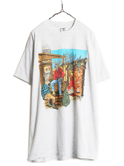 90s ジョーク アート イラスト プリント Tシャツ メンズ XL 古着 90年代 オールド ハンティング シカ アニマル アウトドア 大きいサイズ 灰