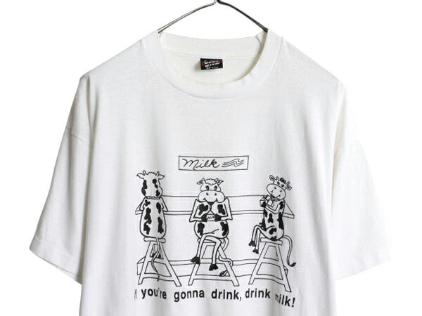 90s USA製 ウシ ジョーク イラスト プリント Tシャツ メンズ XL 古着 アニマル アート グラフィック ヘビーウェイト 大きいサイズ ホワイト