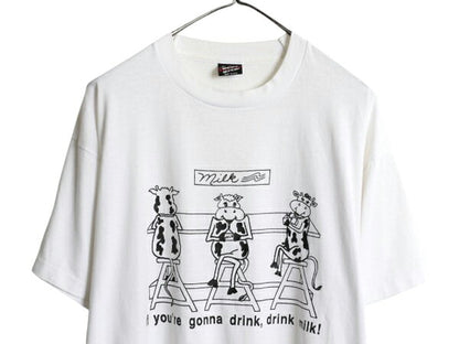90s USA製 ウシ ジョーク イラスト プリント Tシャツ メンズ XL 古着 アニマル アート グラフィック ヘビーウェイト 大きいサイズ ホワイト