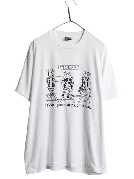 90s USA製 ウシ ジョーク イラスト プリント Tシャツ メンズ XL 古着 アニマル アート グラフィック ヘビーウェイト 大きいサイズ ホワイト