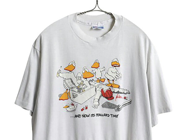 80s USA製 アヒル ジョーク アート イラスト プリント 半袖 Tシャツ メンズ XL 小さめ L / ヴィンテージ アニマル メッセージ 大きいサイズ