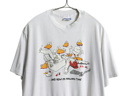 80s USA製 アヒル ジョーク アート イラスト プリント 半袖 Tシャツ メンズ XL 小さめ L / ヴィンテージ アニマル メッセージ 大きいサイズ