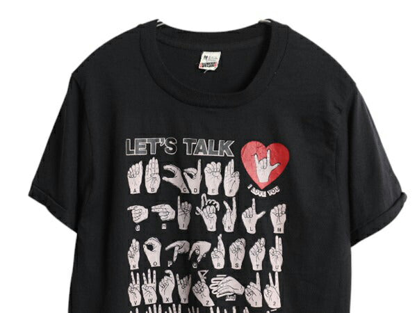 80s USA製 手話 イラスト プリント Tシャツ メンズ レディース M 小さめ S / 古着 ヴィンテージ アート グラフィック シングルステッチ 黒