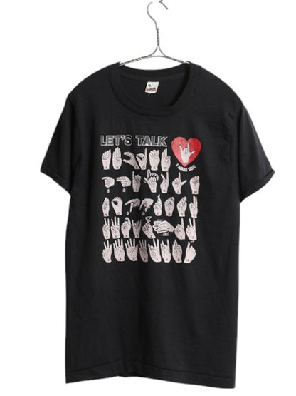 80s USA製 手話 イラスト プリント Tシャツ メンズ レディース M 小さめ S / 古着 ヴィンテージ アート グラフィック シングルステッチ 黒