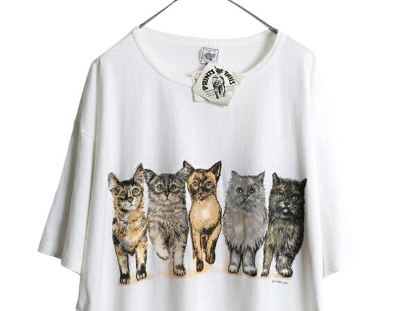 デッドストック 90s USA製 ネコ イラスト 両面 プリント Tシャツ ワンピース レディース XXXL 新品 アニマル ポケット付き 大きいサイズ 白