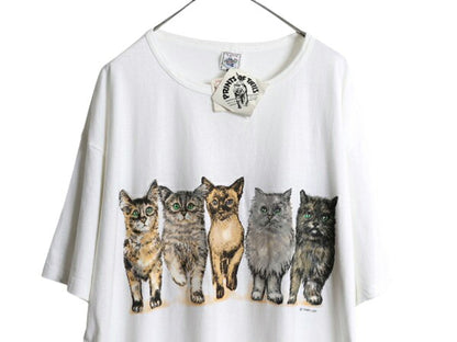 デッドストック 90s USA製 ネコ イラスト 両面 プリント Tシャツ ワンピース レディース XXXL 新品 アニマル ポケット付き 大きいサイズ 白