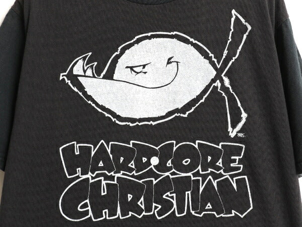 90s USA製 フィッシュ キャラクター イラスト プリント Tシャツ メンズ L / 古着 オールド キリスト メッセージ グラフィック 黒 ツートン