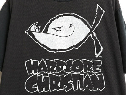 90s USA製 フィッシュ キャラクター イラスト プリント Tシャツ メンズ L / 古着 オールド キリスト メッセージ グラフィック 黒 ツートン