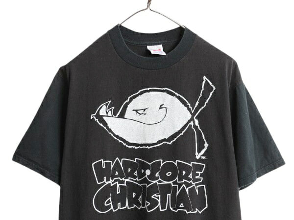 90s USA製 フィッシュ キャラクター イラスト プリント Tシャツ メンズ L / 古着 オールド キリスト メッセージ グラフィック 黒 ツートン