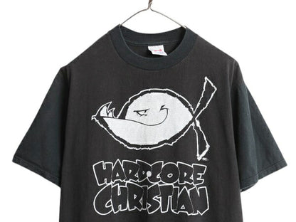 90s USA製 フィッシュ キャラクター イラスト プリント Tシャツ メンズ L / 古着 オールド キリスト メッセージ グラフィック 黒 ツートン