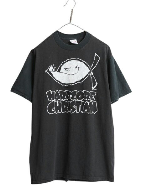 90s USA製 フィッシュ キャラクター イラスト プリント Tシャツ メンズ L / 古着 オールド キリスト メッセージ グラフィック 黒 ツートン