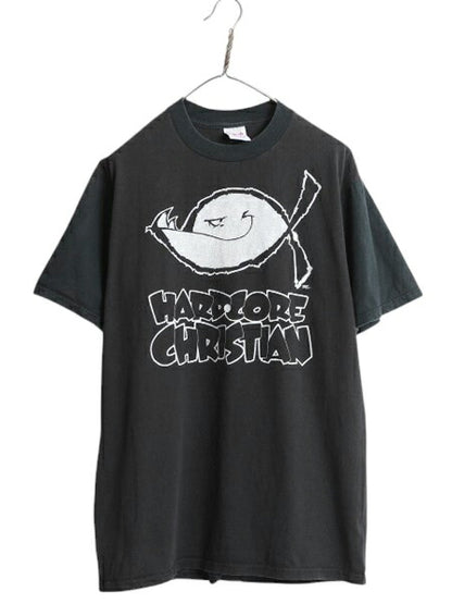 90s USA製 フィッシュ キャラクター イラスト プリント Tシャツ メンズ L / 古着 オールド キリスト メッセージ グラフィック 黒 ツートン