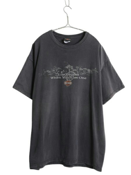 ハーレー ダビットソン 両面 プリント Tシャツ メンズ XL / オフィシャル ヘビーウェイト バイク イラスト グラフィック 大きいサイズ 黒