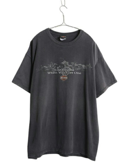 ハーレー ダビットソン 両面 プリント Tシャツ メンズ XL / オフィシャル ヘビーウェイト バイク イラスト グラフィック 大きいサイズ 黒