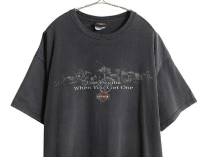 ハーレー ダビットソン 両面 プリント Tシャツ メンズ XL / オフィシャル ヘビーウェイト バイク イラスト グラフィック 大きいサイズ 黒