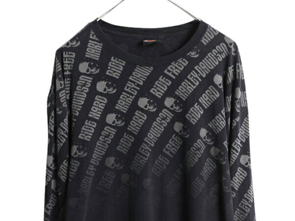 ハーレー ダビットソン スカル ロゴ プリント 長袖 Tシャツ メンズ XXL 程 古着 オフィシャル バイク ロンT 大判 イラスト 大きいサイズ 黒