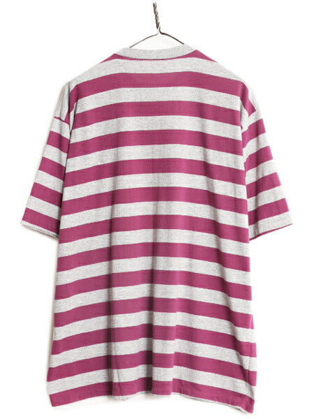 90s USA製 ポケット付き ワイド ボーダー 半袖 Tシャツ メンズ XL 程 90年代 オールド ポケT シングルステッチ 大きいサイズ 2トーン 灰 紫