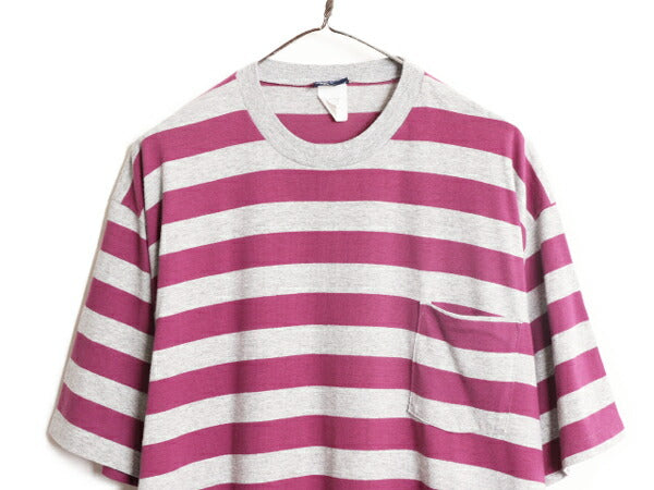 90s USA製 ポケット付き ワイド ボーダー 半袖 Tシャツ メンズ XL 程 90年代 オールド ポケT シングルステッチ 大きいサイズ 2トーン 灰 紫
