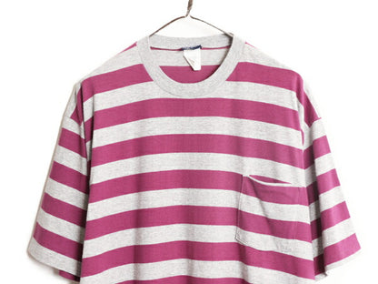 90s USA製 ポケット付き ワイド ボーダー 半袖 Tシャツ メンズ XL 程 90年代 オールド ポケT シングルステッチ 大きいサイズ 2トーン 灰 紫