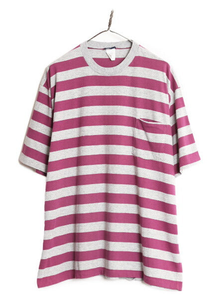 90s USA製 ポケット付き ワイド ボーダー 半袖 Tシャツ メンズ XL 程 90年代 オールド ポケT シングルステッチ 大きいサイズ 2トーン 灰 紫