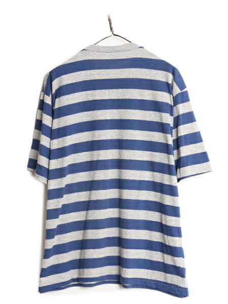 90s USA製 ポケット付き ワイド ボーダー 半袖 Tシャツ メンズ XL 程 90年代 オールド ポケT シングルステッチ 大きいサイズ 2トーン 灰 青
