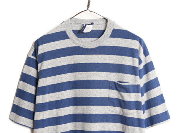 90s USA製 ポケット付き ワイド ボーダー 半袖 Tシャツ メンズ XL 程 90年代 オールド ポケT シングルステッチ 大きいサイズ 2トーン 灰 青